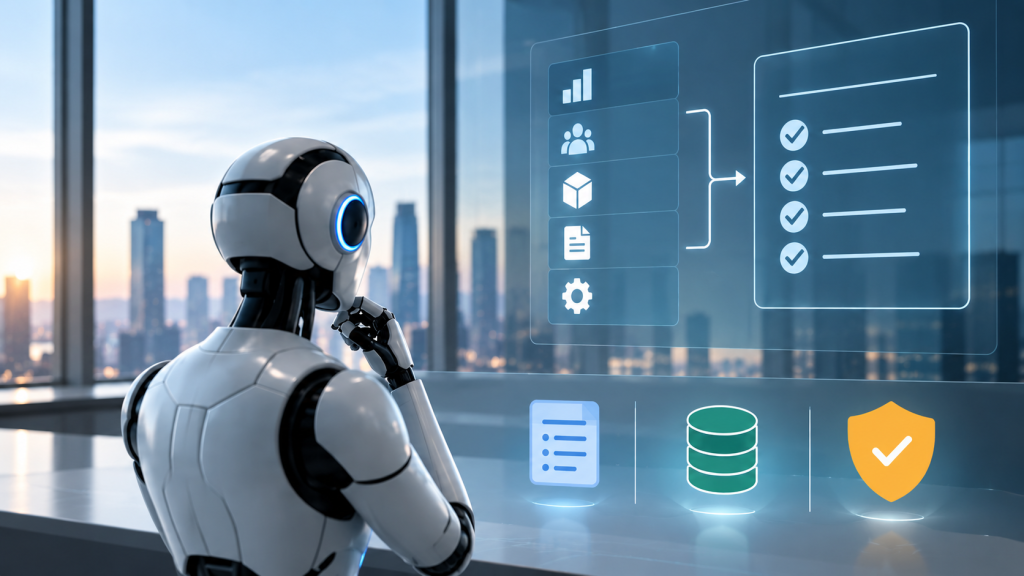 Enterprise systems of record connected through a governed context layer to an AI reasoning core