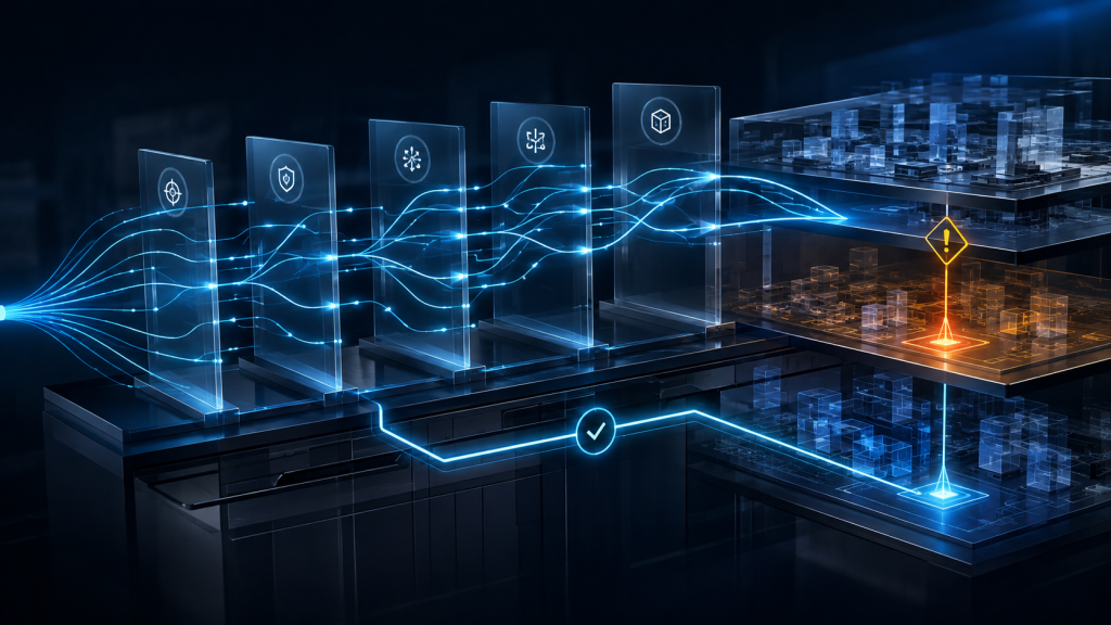 Abstract enterprise AI workflow being reconciled against two different system states, with one mismatch highlighted