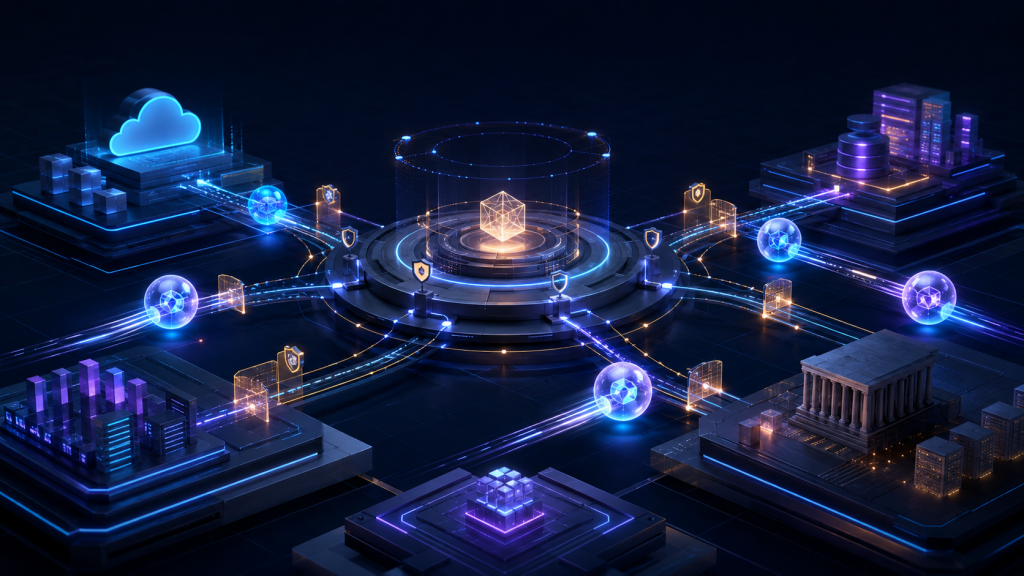 Editorial illustration of AI agent nodes moving through a governed enterprise architecture with cloud, data and legacy systems.