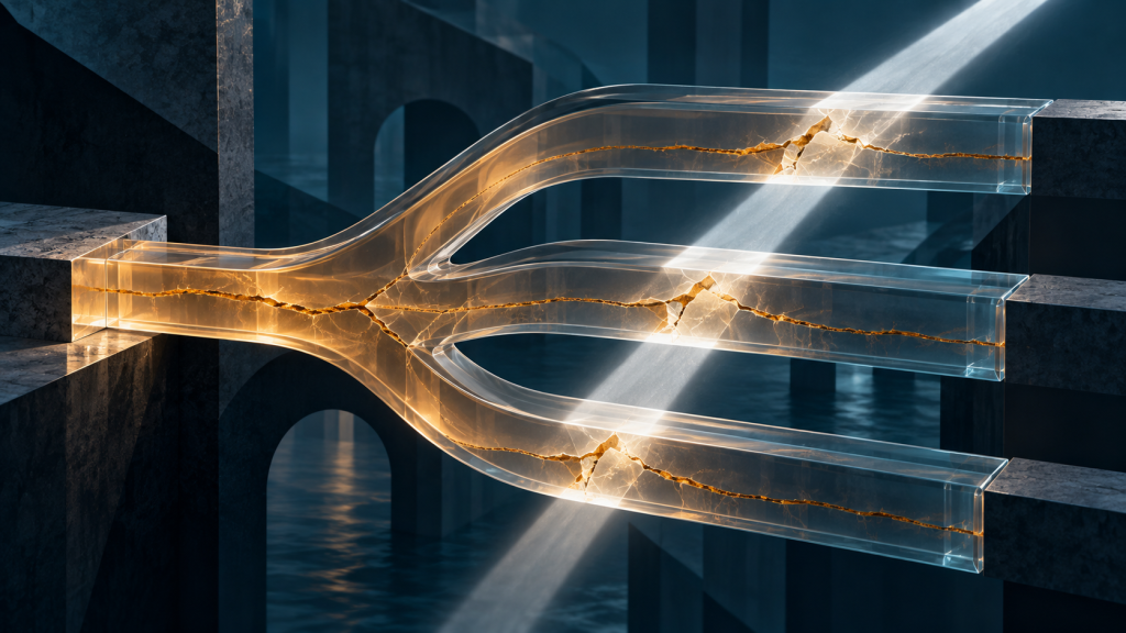 Three glass channels share an amber fracture, revealed by an independent beam of light.